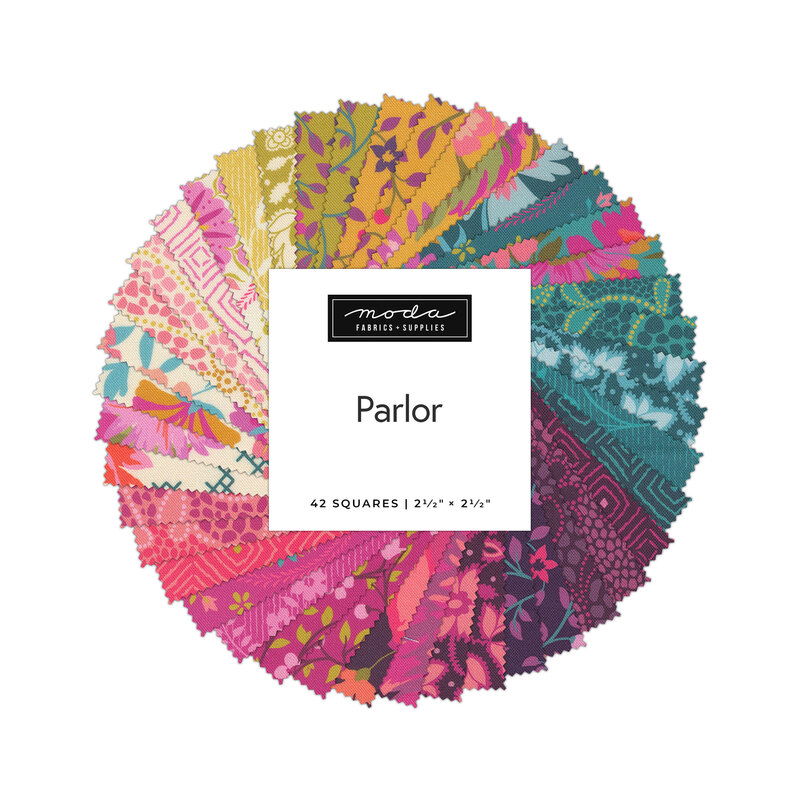 Spiral collage of fabrics in the Parlor Mini Charm Pack featuring various designs in vibrant colors