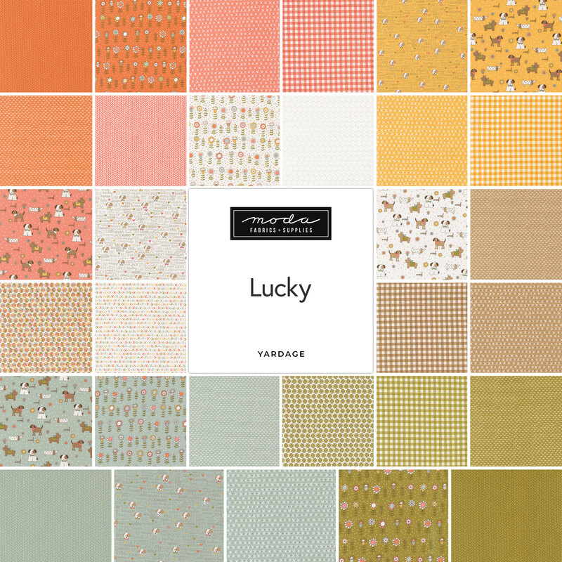 A collage of fabrics in the Lucky collection in various colors and patterns