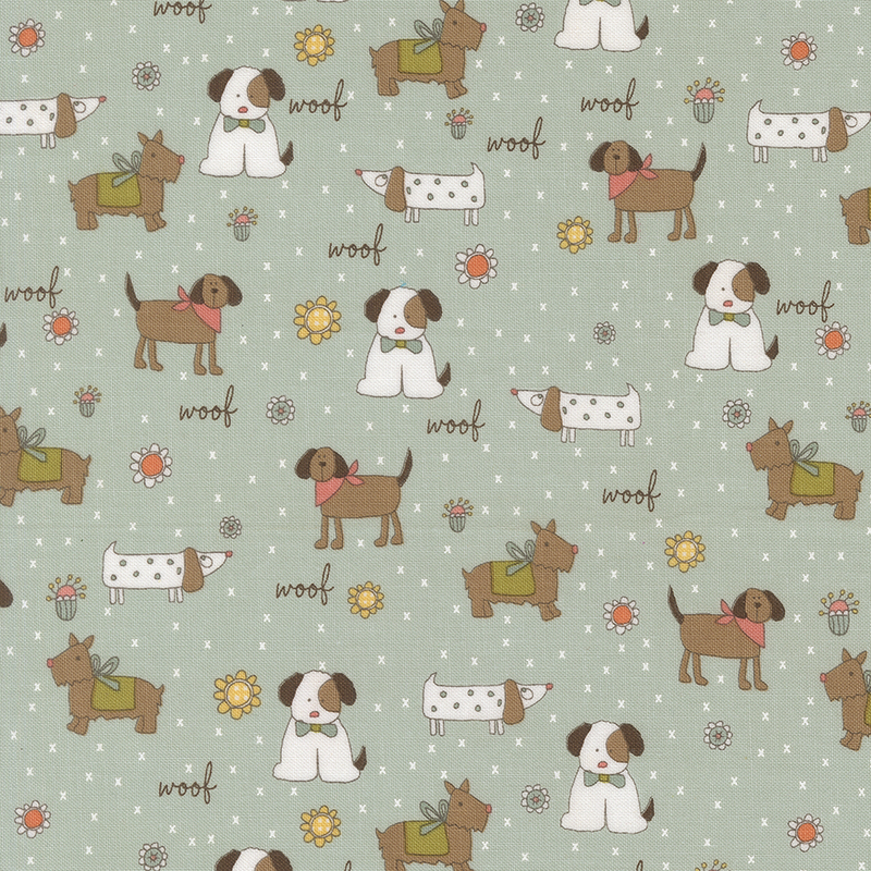 Light aqua fabric featuring various cartoon dogs surrounded by flowers and the word woof.