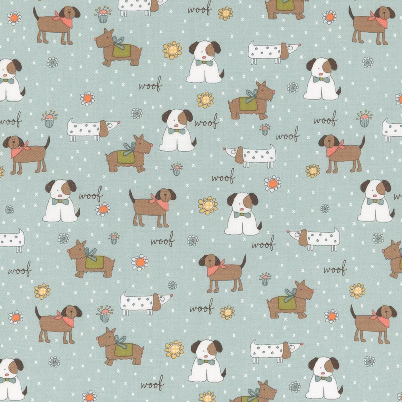 Light aqua fabric featuring various cartoon dogs surrounded by flowers and the word woof.