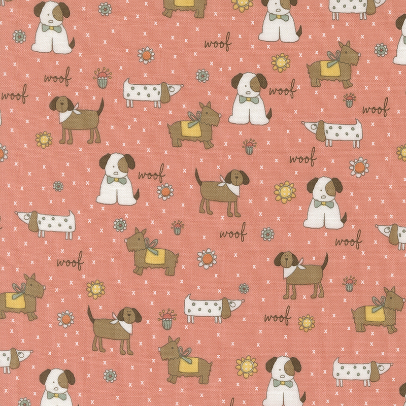 Peach fabric featuring various cartoon dogs surrounded by flowers and the word woof.