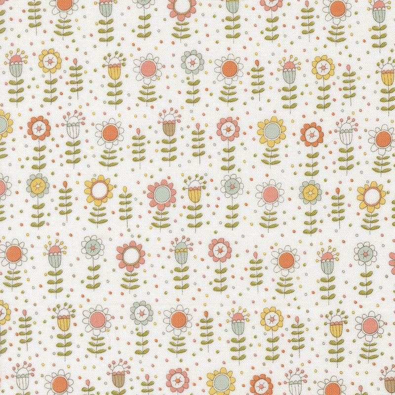 A repeating pattern featuring colorful flowers and dots on a white background.