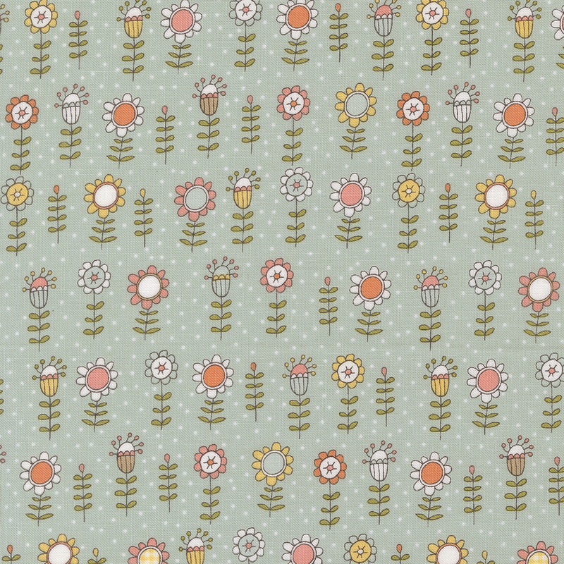 A repeating pattern featuring colorful flowers and dots on a light aqua background.