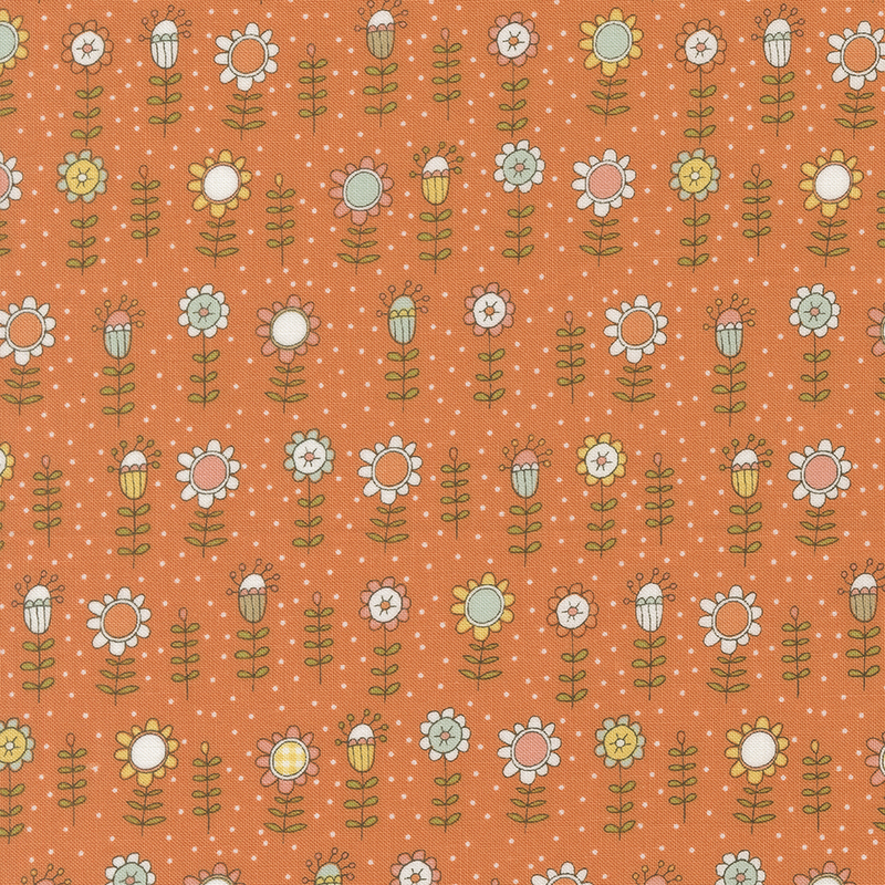 A repeating pattern featuring colorful flowers and dots on an orange background.