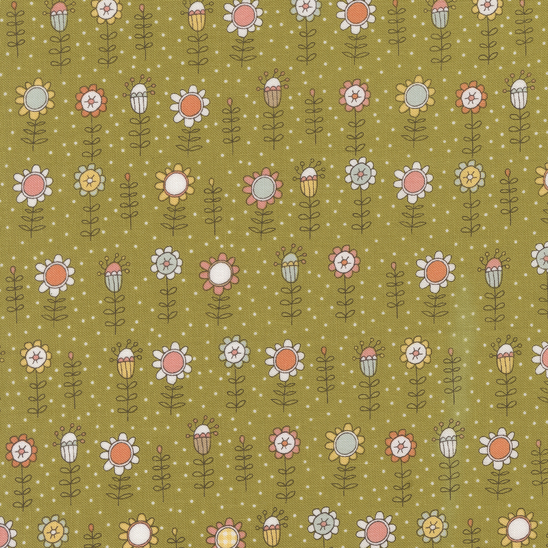 A repeating pattern featuring colorful flowers and dots on an olive green background.