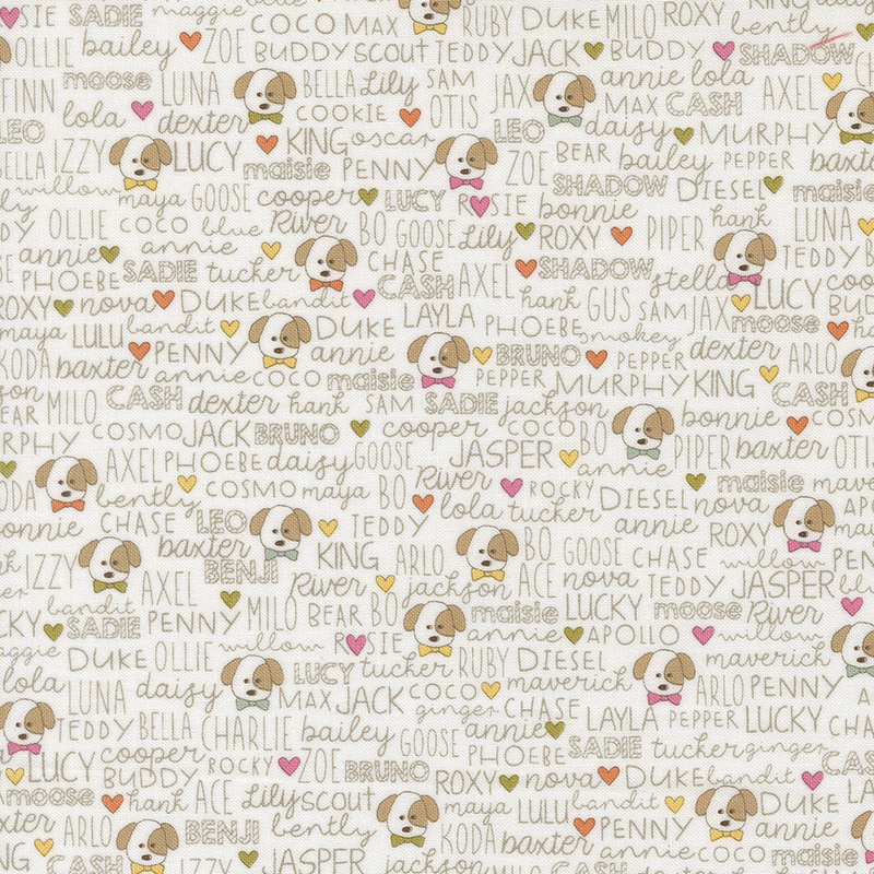 White fabric featuring various dog names and illustrations of puppies with colorful hearts