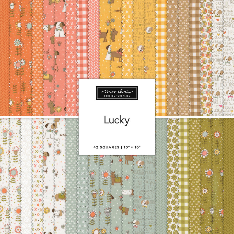 A collage of fabrics in the Lucky Layer Cake in various colors and patterns