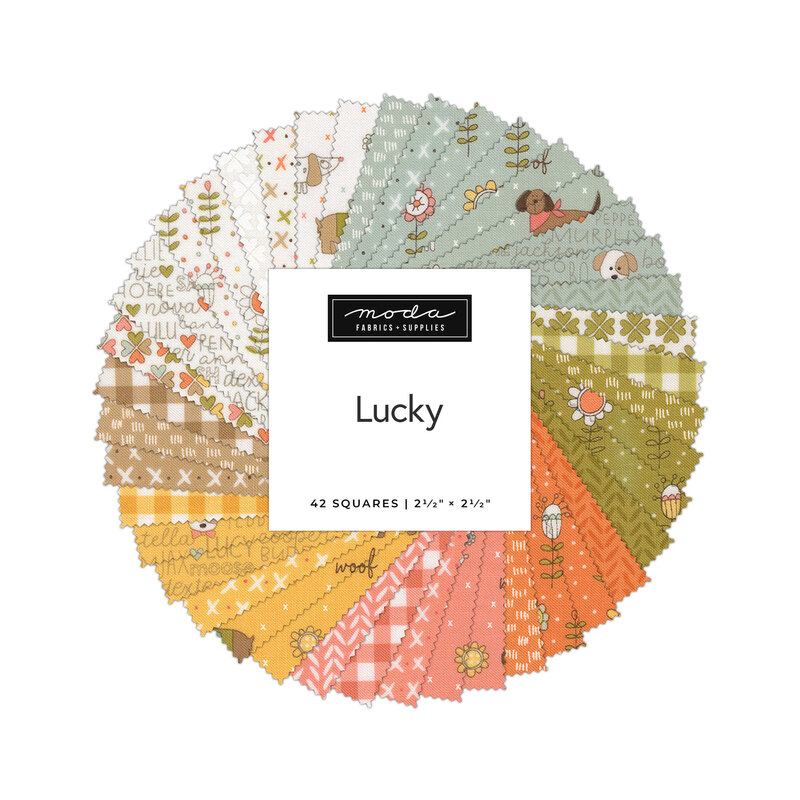 A spiral collage of fabrics in the Lucky Mini Charm Pack in various colors and patterns