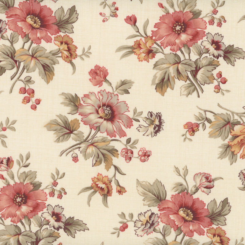 fabric pattern of roses blooming on a cream background