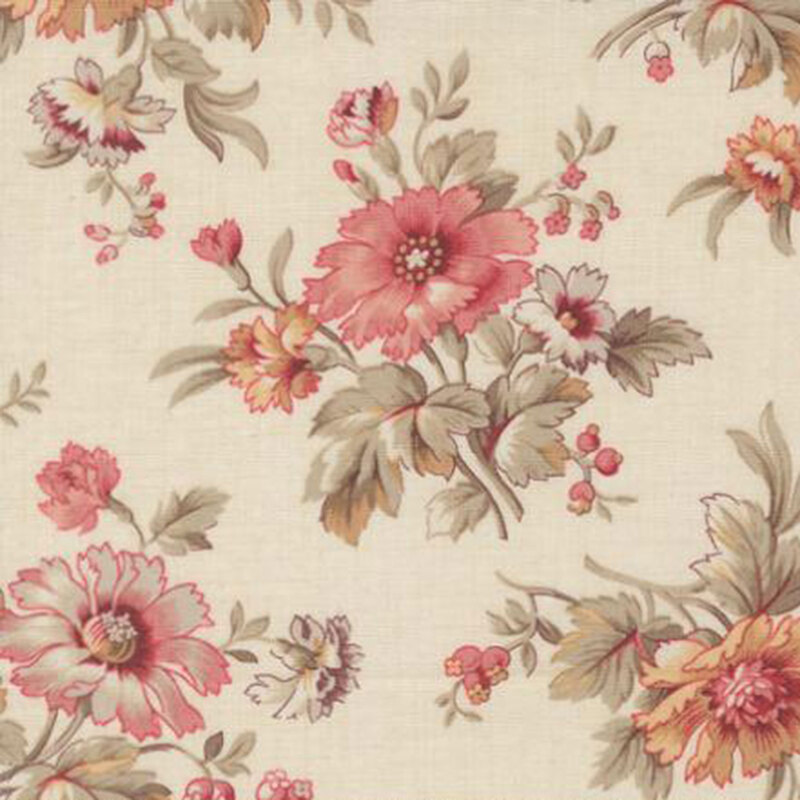 fabric pattern of roses blooming on a cream background