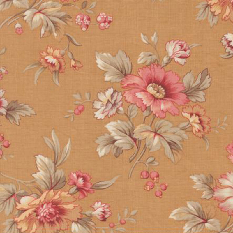 fabric pattern of penoy flowers on a brown background