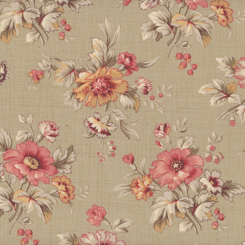 fabric pattern of penoy flowers on a tan background