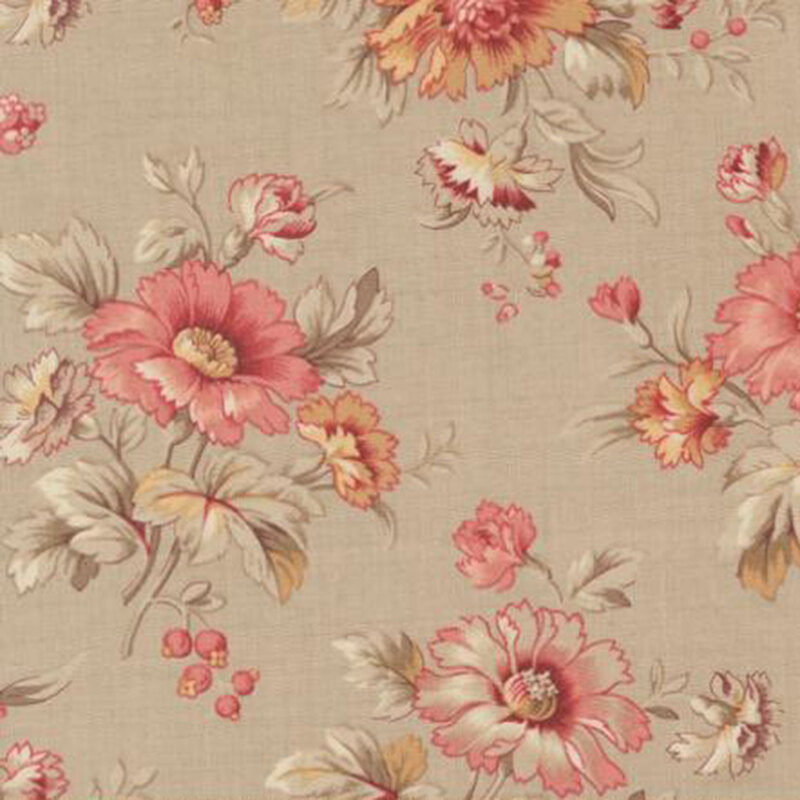 fabric pattern of penoy flowers on a tan background