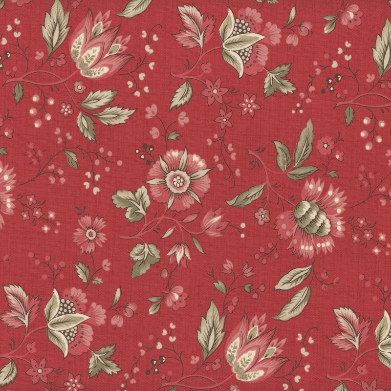 fabric pattern of red florals spread on a red background