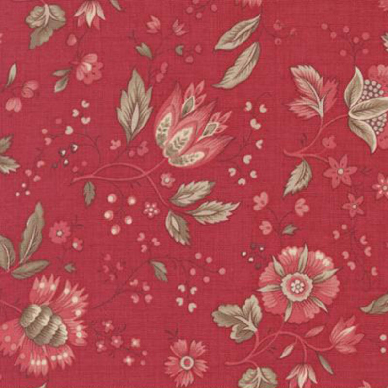 fabric pattern of red florals spread on a red background