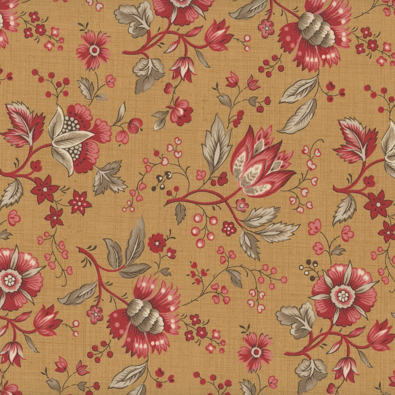 fabric pattern of red florals spread on a brown background