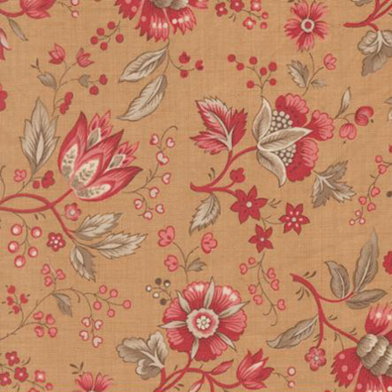 fabric pattern of red florals spread on a brown background