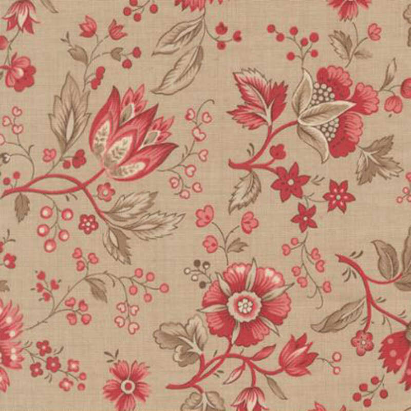 fabric pattern of red florals spread on a tan background