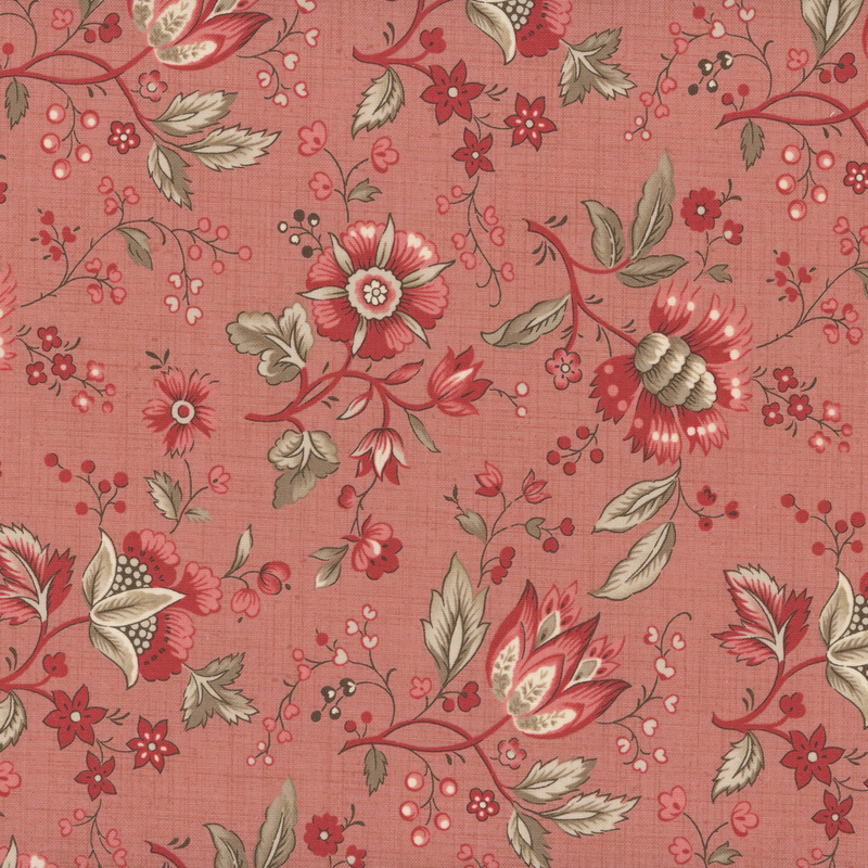 fabric pattern of red florals spread on a pale red background