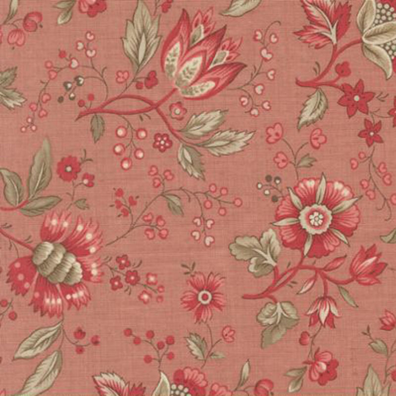 fabric pattern of red florals spread on a pale red background