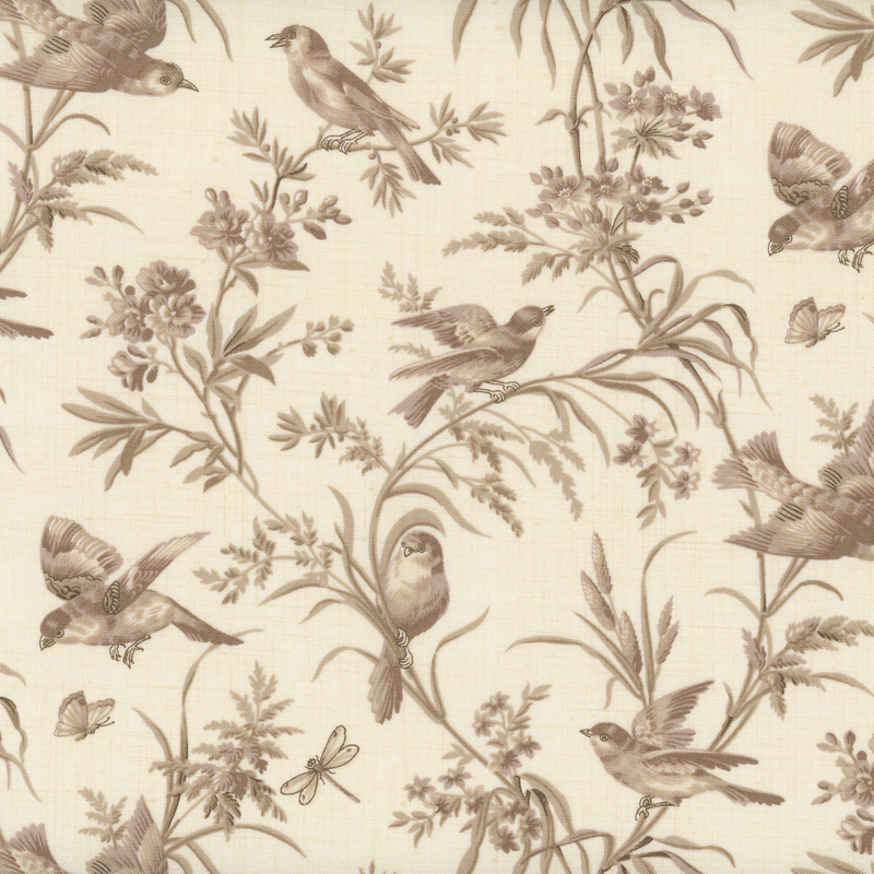 fabric pattern of birds and florals in red on a tan background