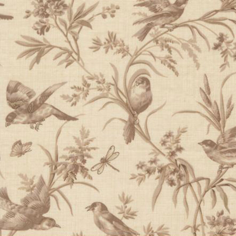 fabric pattern of birds and florals in red on a tan background