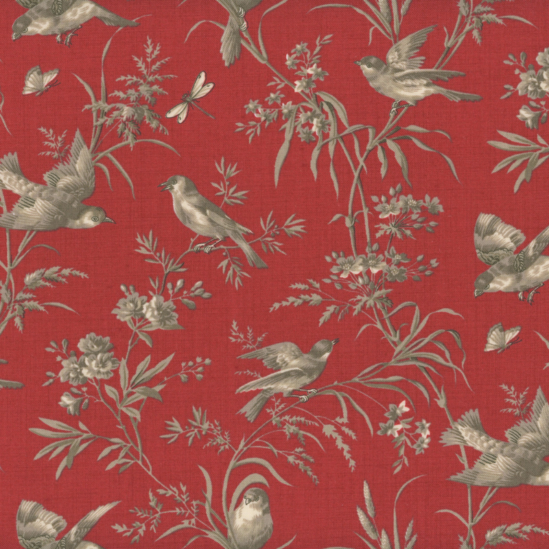 fabric pattern of birds, butterflies, and botanical elements in shades of beige and gray on a deep red background