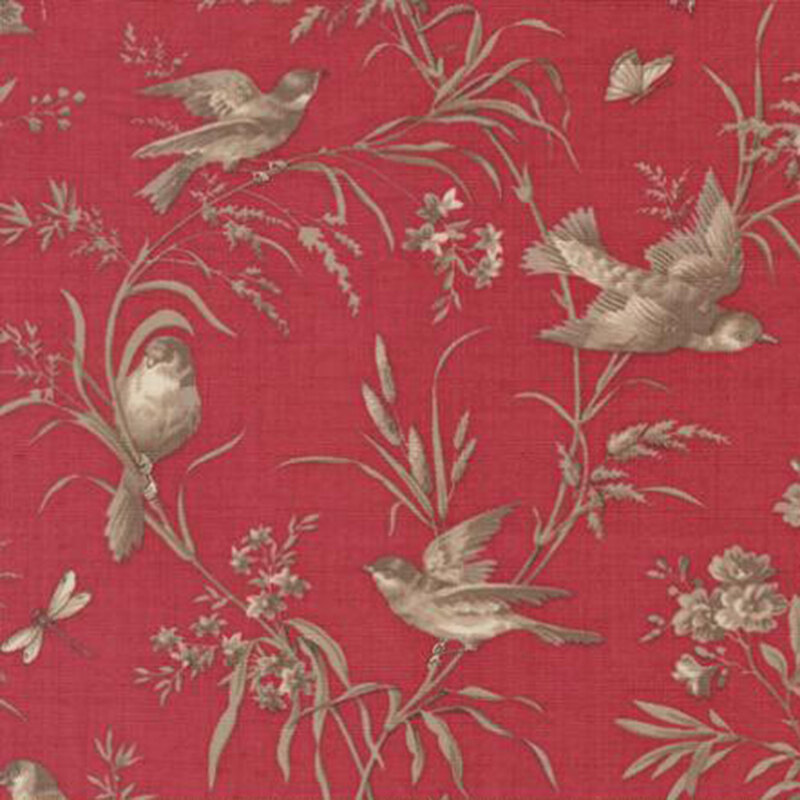 fabric pattern of birds, butterflies, and botanical elements in shades of beige and gray on a deep red background