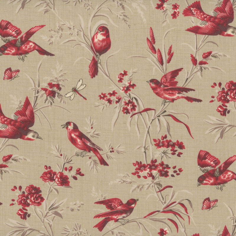 fabric pattern of birds, butterflies, and botanical elements in shades of red and beige on a deep red background