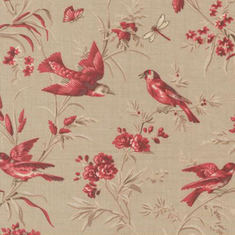 fabric pattern of birds, butterflies, and botanical elements in shades of red and beige on a deep red background