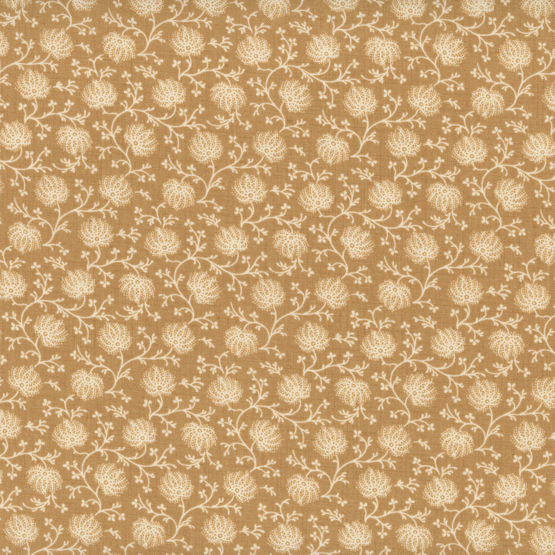 fabric pattern of tan florals on a brown background