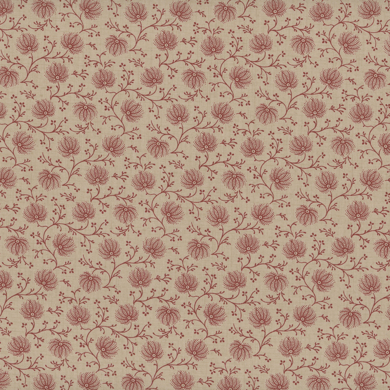 fabric pattern of red florals on a deep tan background