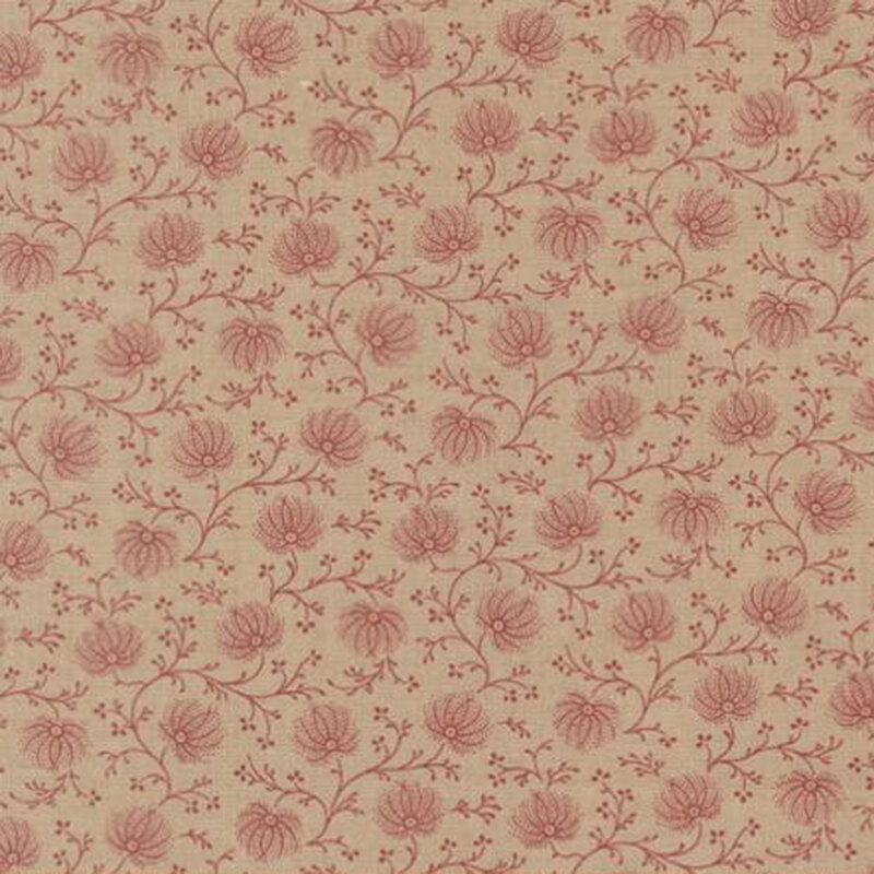 fabric pattern of red florals on a deep tan background