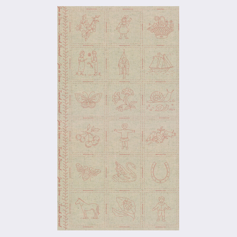 A light khaki green fabric panel with scenes of the french countryside outlined in red, including children, animals, boats, and bugs.