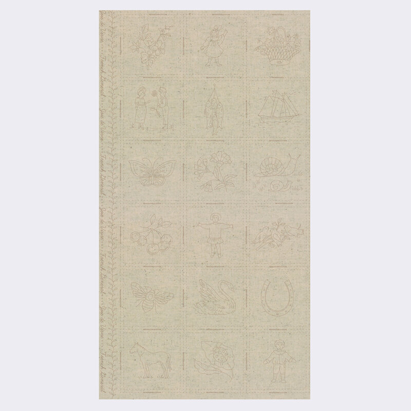 A beige fabric panel with scenes of the french countryside outlined in a muted green color, including children, animals, boats, and bugs.