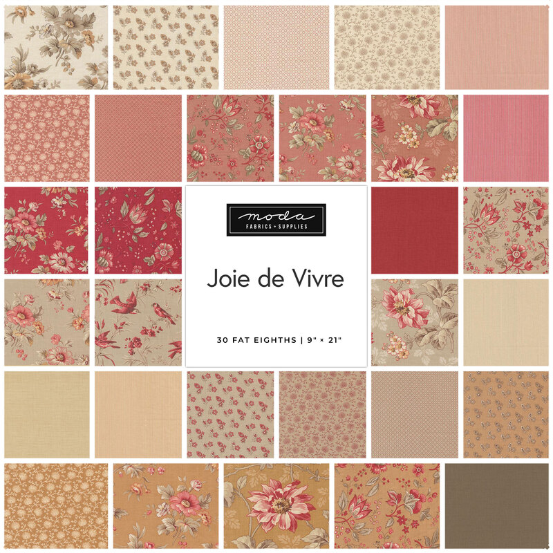 fabric collage of florals on red, tan, and brown backgrounds