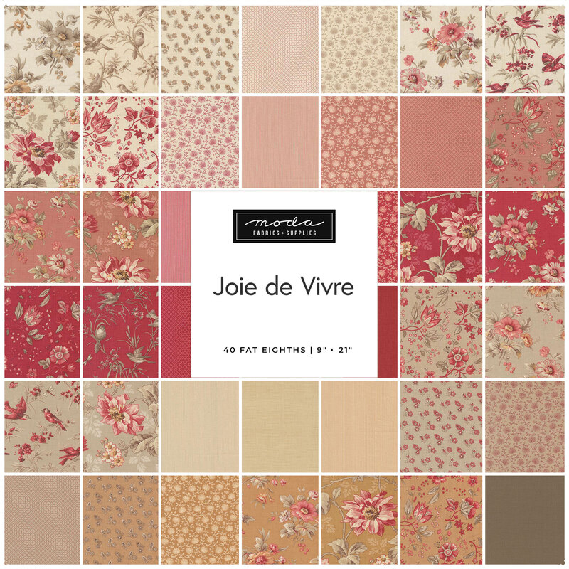 fabric collage of florals on red, tan, and brown backgrounds