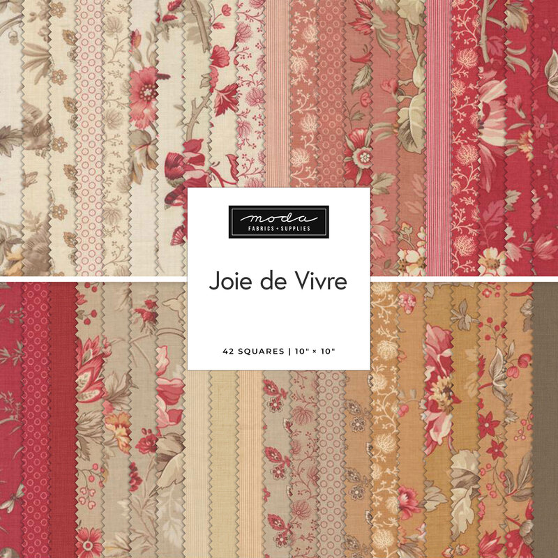 fabric collage of florals on red, tan, and brown backgrounds