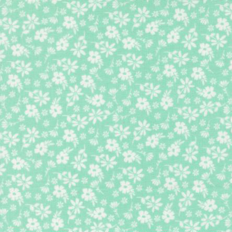 fabric pattern of florals spread over a teal background