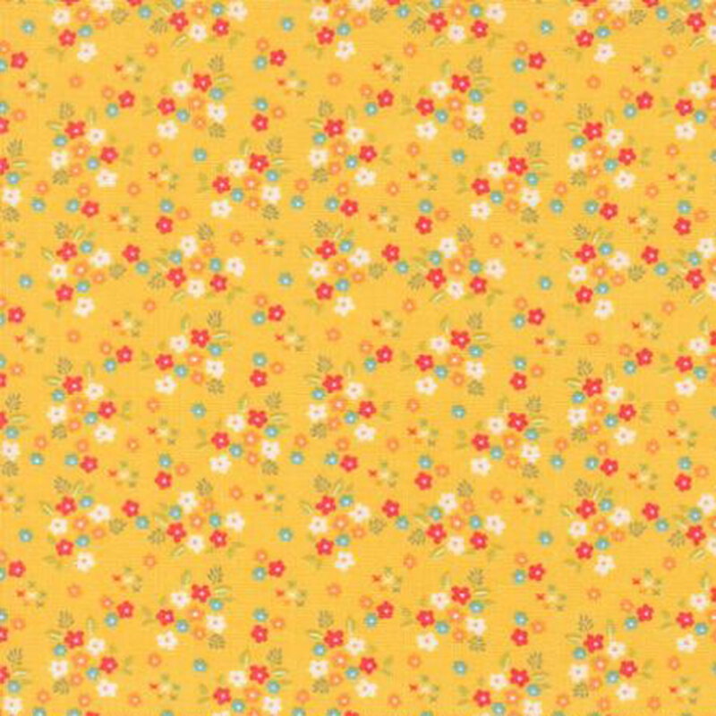 fabric pattern of flower bouquets on a orange background