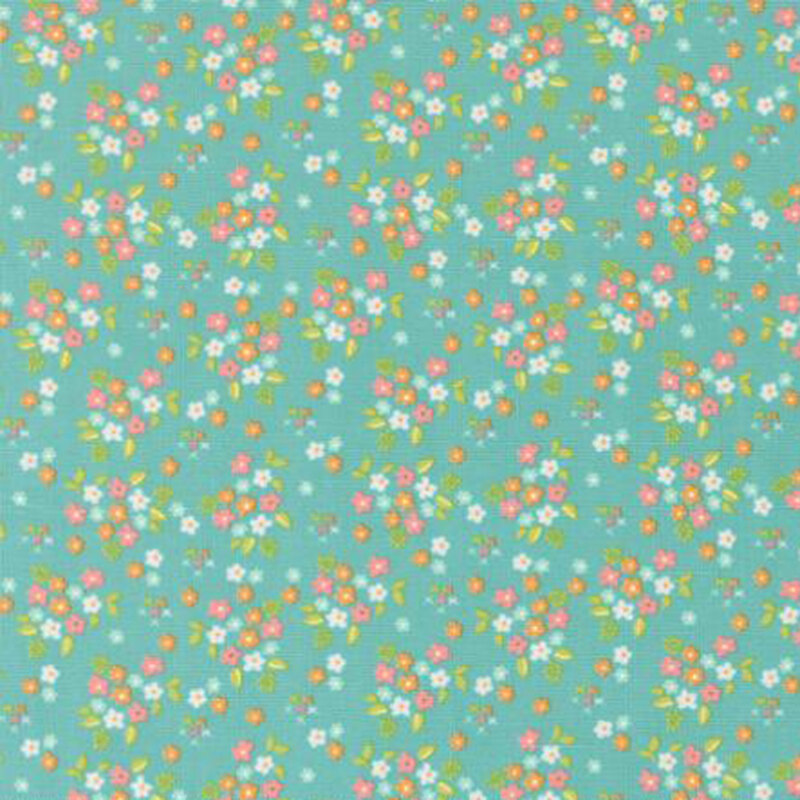 fabric pattern of flower bouquets on a teal background