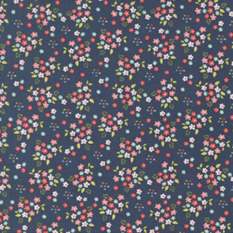 fabric pattern of flower bouquets on a navy background