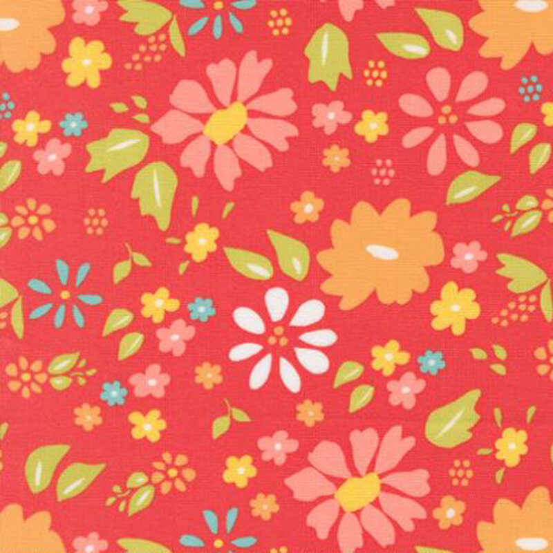 fabric pattern of florals spread across a red background