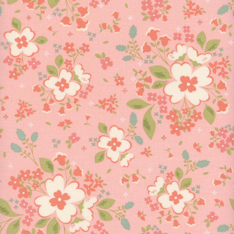 Pink fabric with large cream and pink florals.