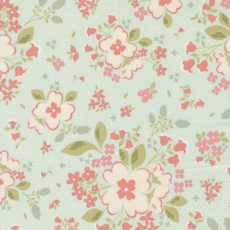 Aqua fabric with large cream and pink florals.