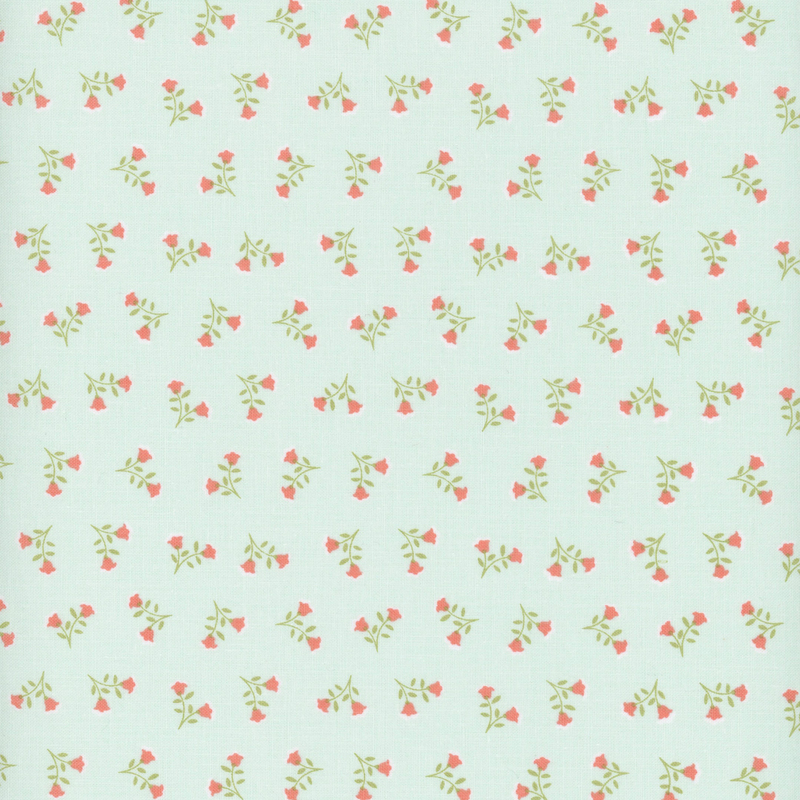 Aqua fabric with ditsy sprigs of two pink flowers.