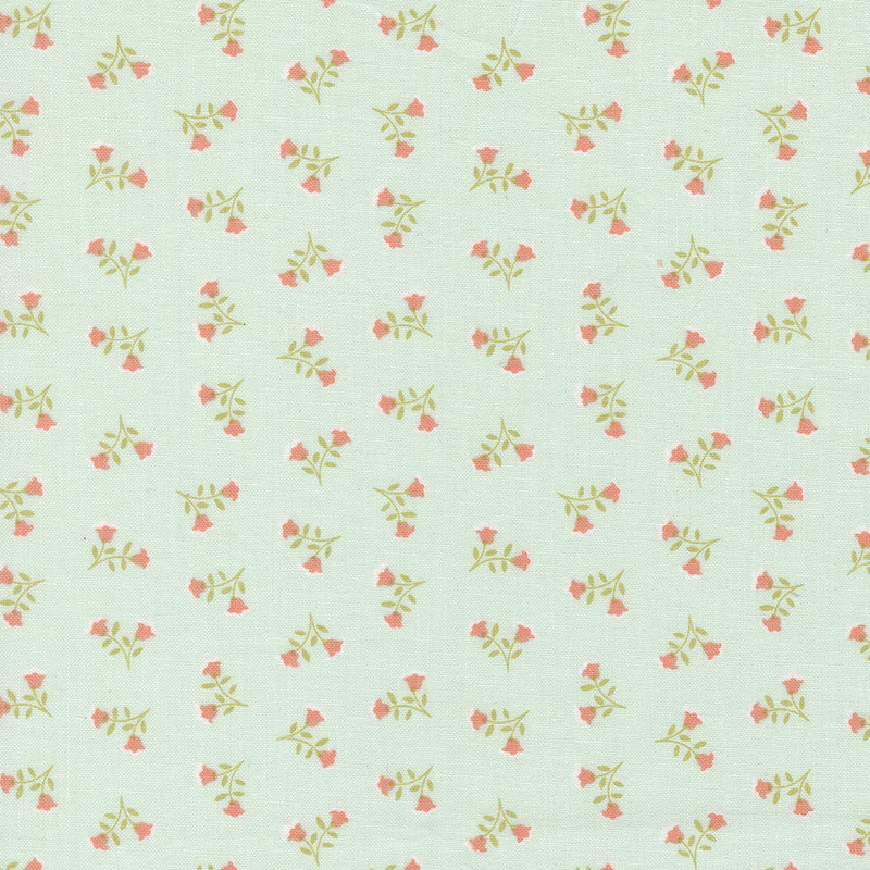 Aqua fabric with ditsy sprigs of two pink flowers.