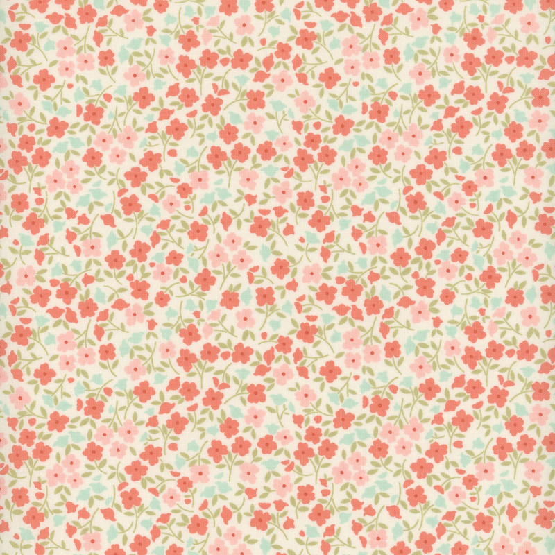 Cream fabric with a packed design of pink, coral, and cyan flowers.