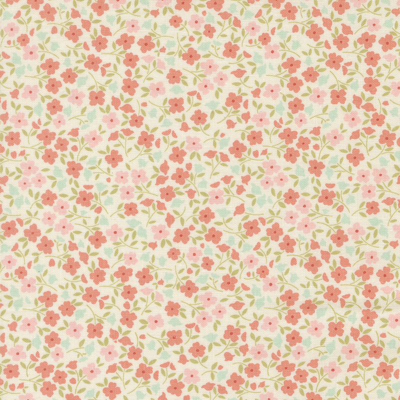 Cream fabric with a packed design of pink, coral, and cyan flowers.