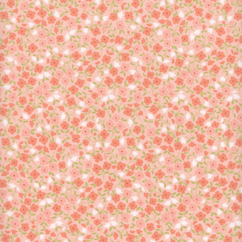 Coral pink fabric with a packed design of pink, coral, and cyan flowers.